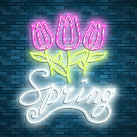 Neon banner spring. Stock vector. Poster for a spring party.のイラスト素材