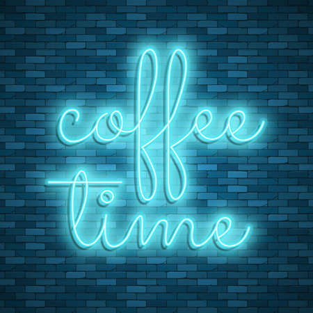 Neon light lettering, Stock vector. Coffee timeのイラスト素材