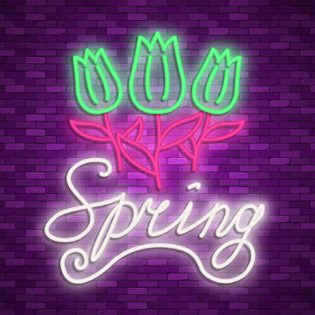 Neon banner spring. Stock vector. Poster for a spring party.のイラスト素材