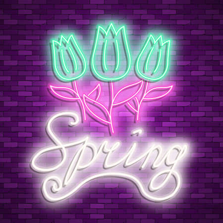 Neon banner spring. Stock vector. Poster for a spring party.のイラスト素材