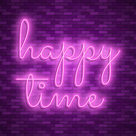 Neon light lettering, Stock vector. Happy timeのイラスト素材