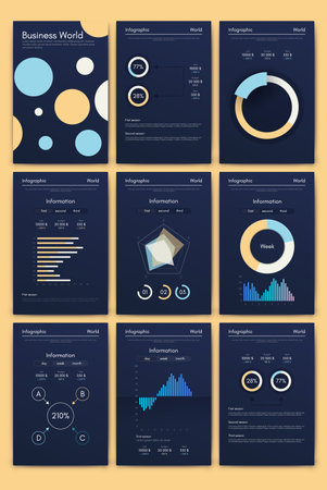 Modern infographic vector elements for business brochures. Use in website, corporate brochure, advertising and marketing. Pie charts, line graphs, bar graphs and timelines.のイラスト素材