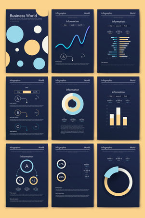 Modern infographic vector elements for business brochures. Use in website, corporate brochure, advertising and marketing. Pie charts, line graphs, bar graphs and timelines.のイラスト素材