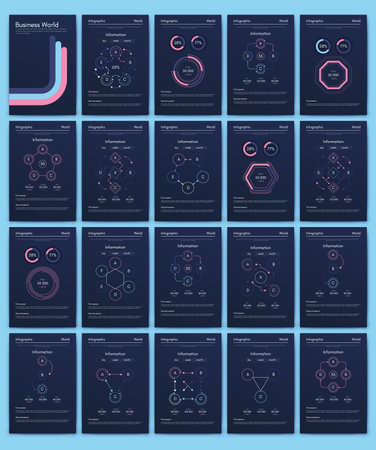 Modern infographic vector elements for business brochures. Use in website, corporate brochure, advertising and marketing. Pie charts, line graphs, bar graphs and timelines.のイラスト素材