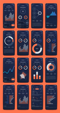 Modern infographic vector elements for business brochures. Use in website, corporate brochure, advertising and marketing. Pie charts, line graphs, bar graphs and timelines.のイラスト素材