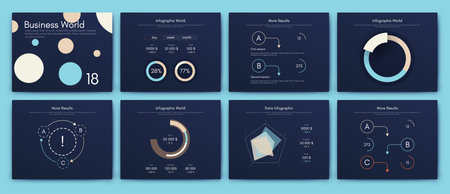 Modern infographic vector elements for business brochures. Use in website, corporate brochure, advertising and marketing. Pie charts, line graphs, bar graphs and timelines.のイラスト素材