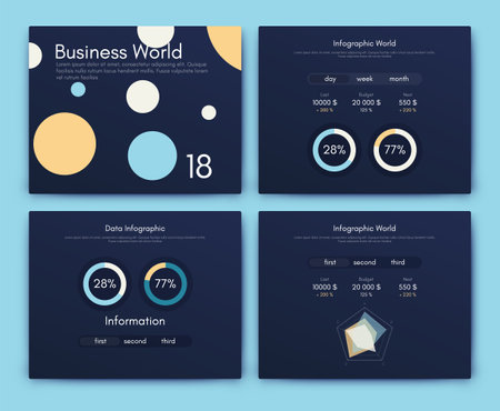 Modern infographic vector elements for business brochures. Use in website, corporate brochure, advertising and marketing. Pie charts, line graphs, bar graphs and timelines.のイラスト素材