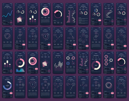 Modern infographic vector elements for business brochures. Use in website, corporate brochure, advertising and marketing. Pie charts, line graphs, bar graphs and timelines.のイラスト素材
