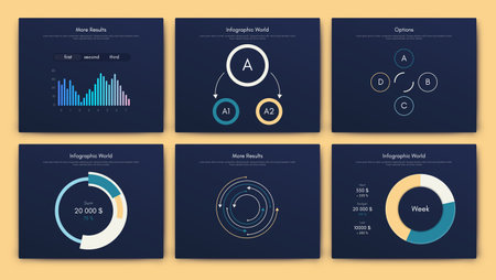 Modern infographic vector elements for business brochures. Use in website, corporate brochure, advertising and marketing. Pie charts, line graphs, bar graphs and timelines.のイラスト素材