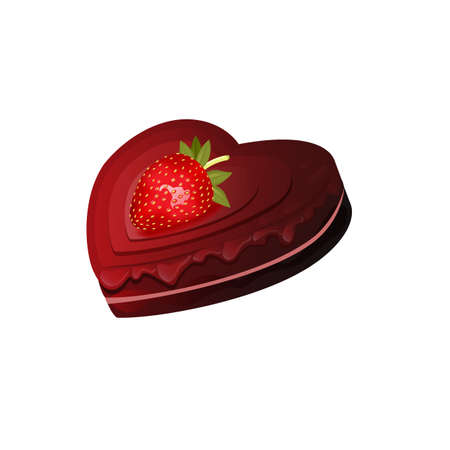 Vector illustration. Realistic heart-shaped chocolate layered cake with dripping chocolate and strawberries on top. Valentines cake. Can be used for web design, banners, web animation, icons. Isolated on white background.のイラスト素材
