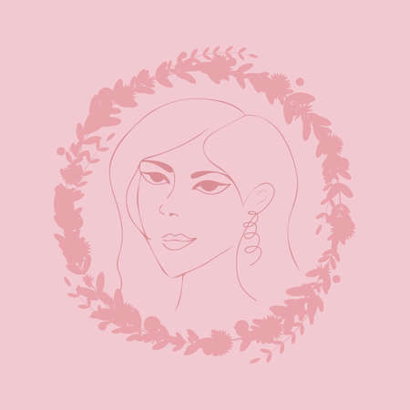 Vector illustration. Vector logo design template and illustration in simple minimal linear style. Minimalistic modern art - female portrait and flowers - abstract t-shirt print - beauty and fashion concept.のイラスト素材