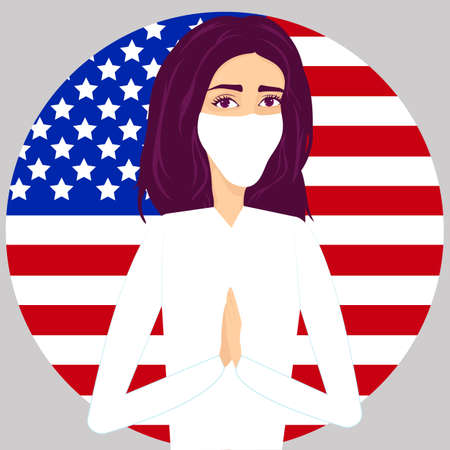 Coronavirus in the USA. Vector illustration. Portrait of a young beautiful girl in a protective medical mask on the background of the flag of the USA.Made in trendy flat style for web design,banners.のイラスト素材
