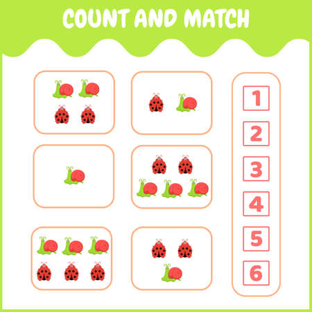 Counting Game for Preschool Children. Educational and mathematical game. Snails and ladybugs are depicted on cards. Flat vector cartoon illustration.のイラスト素材