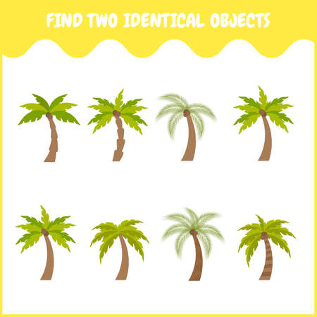 Find two the same palm tree in the picture. Set of tropical palm trees with coconuts. Educational matching game for children. Cartoon flat vector illustration.のイラスト素材