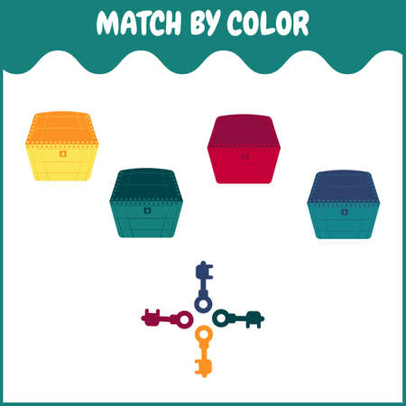 Matching game for preschool kids with chests and keys. Vector flat cartoon colorful education game.のイラスト素材