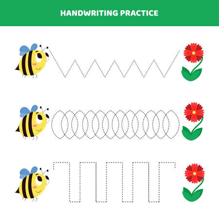 Handwriting practice for kids with cartoon bee and flower. Educational game for children.のイラスト素材