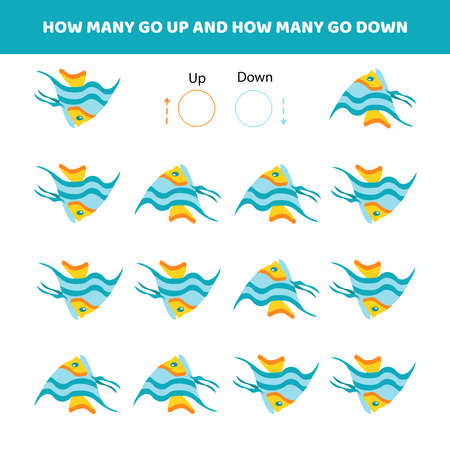 How many go up.How many go down.Counting game with cute cartoon fish.Worksheet for kids.のイラスト素材