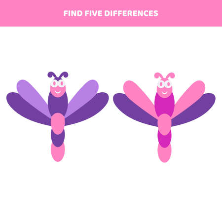 Find five differences between cartoon dragonflies. Educational game for kids.のイラスト素材
