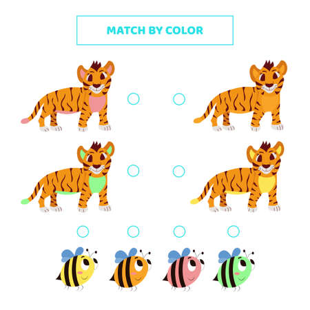 Match cute cartoon tigers and bees by color. Game for kids.のイラスト素材