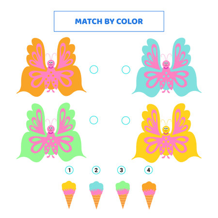 Match cute cartoon butterfly and ice cream by color. Game for kids.のイラスト素材