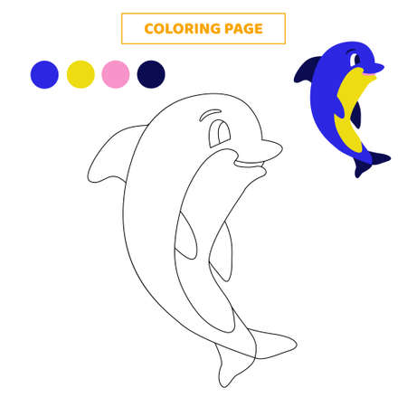 Coloring page.Color cute cartoon dolphin. worksheet for kids.のイラスト素材
