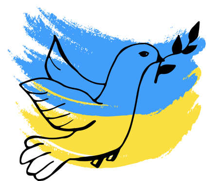 Hand drawn doodle dove of peace with a sprig of willow in the background of the flag of Ukraine.Vector illustration.のイラスト素材