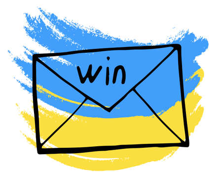 Hand drawn doodle paper letter with the win in the background of the flag of Ukraine.Vector illustration.のイラスト素材