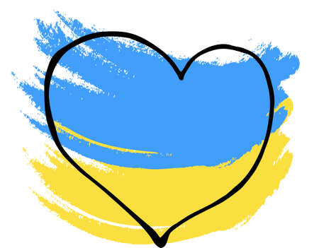 Love Ukraine.Hand drawn doodle outline heart on the background of the Ukrainian flag. Vector illustration.のイラスト素材