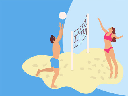 Guy and girl in swimsuits playing beach volleyball in the sand.Beach volleyball concept.Vector illustration.のイラスト素材