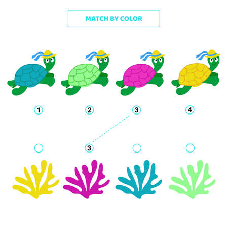 Match cute cartoon turtle and coral by color. Game for kids.のイラスト素材