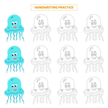 Handwriting practice for kids with cartoon jellyfish.Educational game for children.のイラスト素材