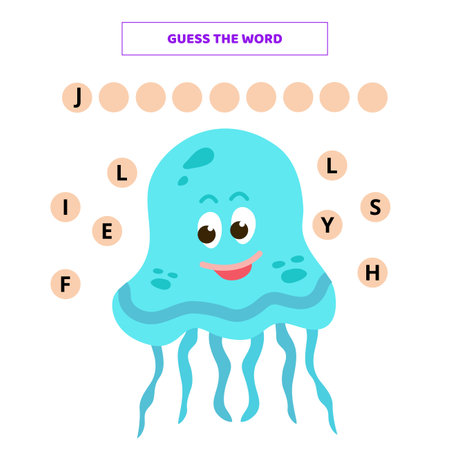 Guess the word. Educational game for kids with cute cartoon jellyfish.のイラスト素材