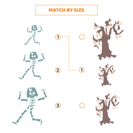 Match by size for cartoon skeleton and tree. Educational game for kids.のイラスト素材