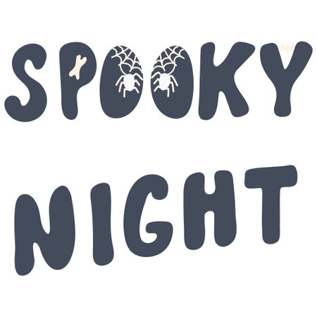 Cute doodle hand drawn Spooky Night lettering with bones for Halloween holiday. Single design graphic element. Vector Illustration isolated on white background.のイラスト素材