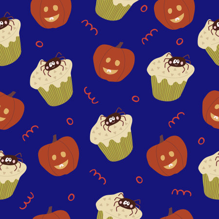 Seamless pattern for Halloween holiday with cute cartoon pumpkin and cake spider halloween. Childish background for fabric, wrapping paper, textile, wallpaper. Vector Illustrationのイラスト素材