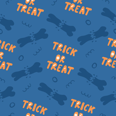 Seamless pattern for Halloween holiday with cute trick or treat lettering and bones. Childish background for fabric, wrapping paper, textile, wallpaper. Vector Illustrationのイラスト素材