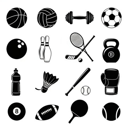 A collection of various sports equipment and balls, including balls, rackets, weights, and gloves, all isolated on a white background.の写真素材
