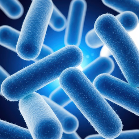 A detailed, close-up view of numerous blue, rod-shaped bacteria clustered together, presented isolated on a clean white background.の写真素材