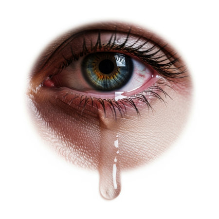 A detailed close-up of a human eye with a tear falling, isolated on a pure white background.の写真素材