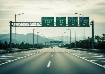 A long, empty highway stretches towards distant mountains under a cloudy sky, with green directional signs overhead guiding travelers.の素材