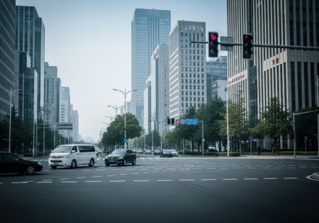 A busy urban intersection with tall, modern skyscrapers flanking the street. Cars and a van navigate the roads under a cloudy sky, with traffic lights directing flow.の素材