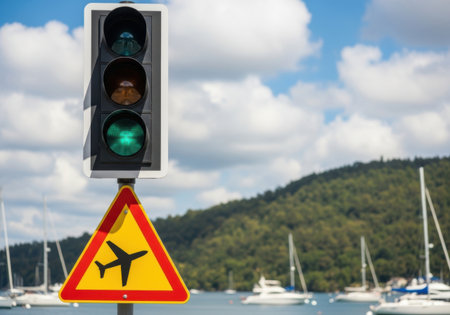 A traffic light displays a green signal, positioned above a yellow triangular warning sign featuring an airplane symbol, set against a backdrop of boats and a hillside.の素材