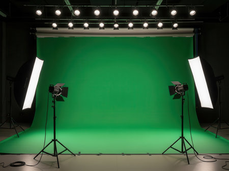 A fully equipped film and photography studio featuring a seamless green screen backdrop, professional studio lights, and large softboxes for optimal illumination.の写真素材
