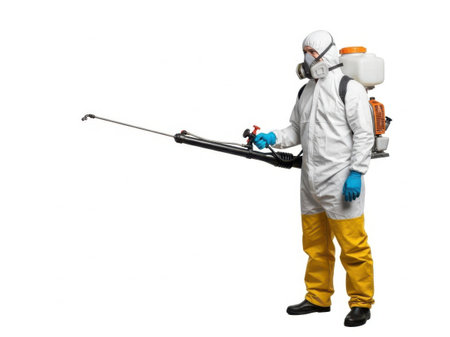 A person wearing a full white hazmat suit, respirator mask, and blue gloves, holding a spray wand connected to a backpack sprayer, ready for pest control or disinfection.の素材