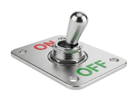 A close-up, high-angle view of a metallic toggle switch, positioned in the center, signifying a neutral or standby state, isolated on a white background.の素材