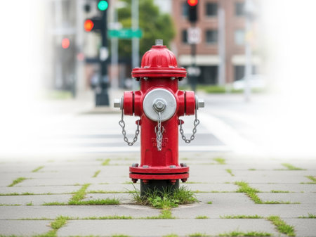A bright red fire hydrant stands prominently on a paved sidewalk with patches of grass, in front of a blurred urban background featuring traffic lights and buildings.の素材