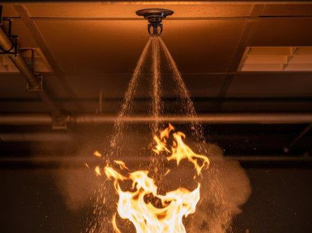 A ceiling-mounted fire sprinkler head actively sprays water onto an open flame, demonstrating an automatic fire suppression system in action during a controlled burn test.の素材