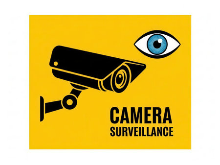 A graphic illustration featuring a black security camera and a blue eye symbol against a bright yellow background, signifying surveillance and monitoring.の写真素材