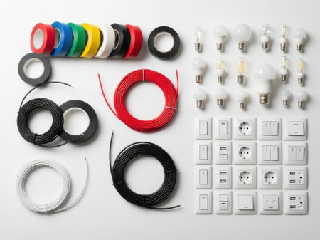 A collection of electrical supplies including insulated tapes, wires, bulbs, switches, and sockets, laid out for a professional installation or repair project.の写真素材