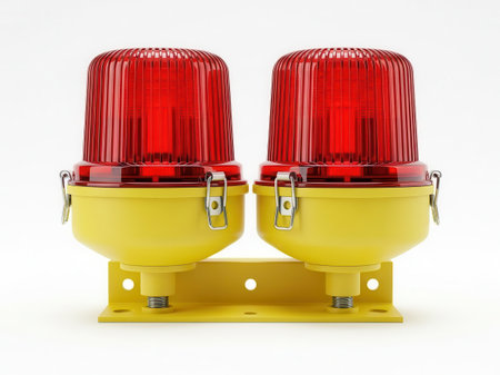 A pair of yellow aviation obstruction beacon lights with red lenses mounted on a yellow bracket,...